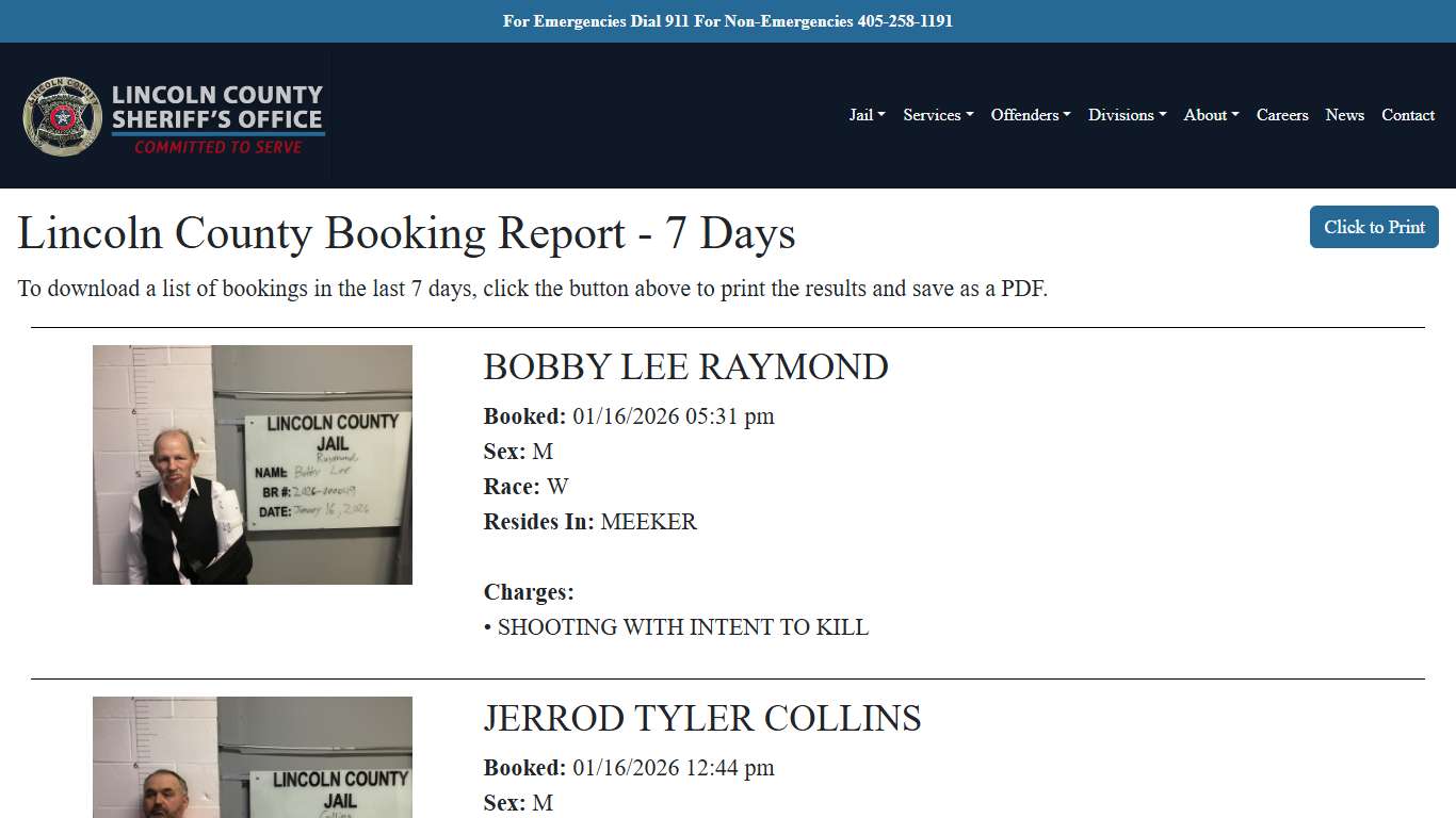 7 Day Booking Report | Lincoln County Sheriff's Office